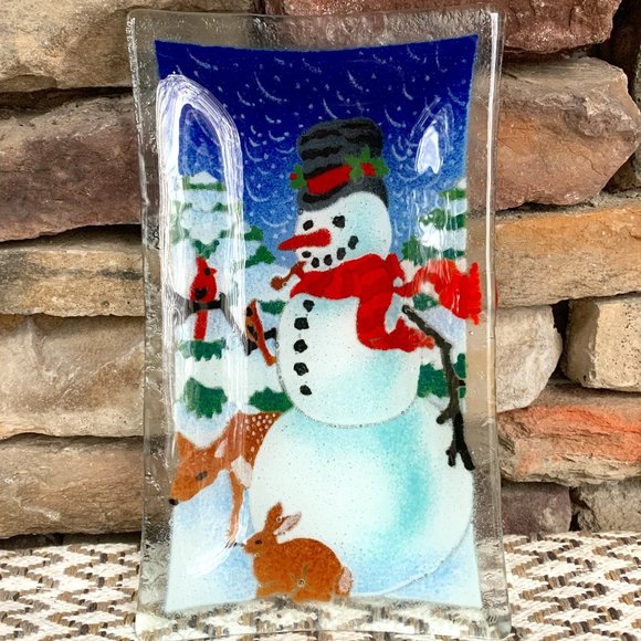 Fused Glass Peggy Karr Snowman Plate Art Platter Dish Winter Christmas Serving - Picture 1 of 9